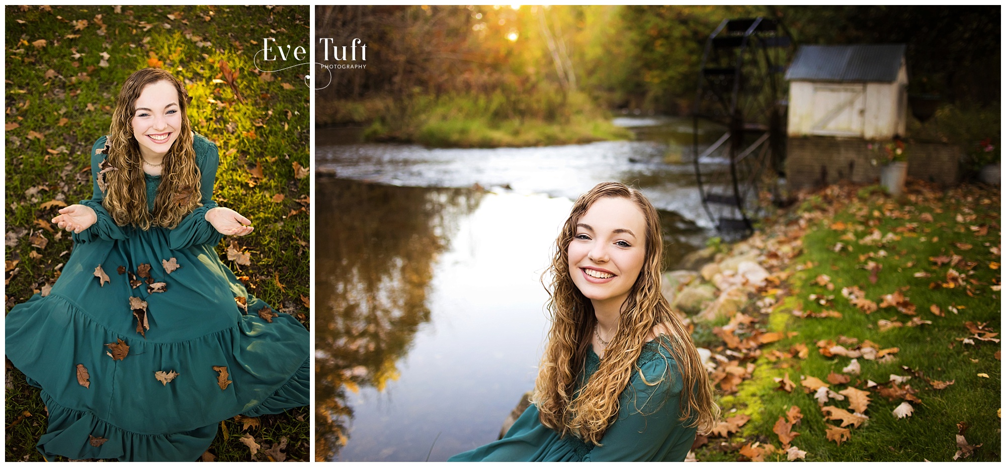 A teen sits on the grass on the fall with leaves coming down | Senior Photographers Near Me in Michigan