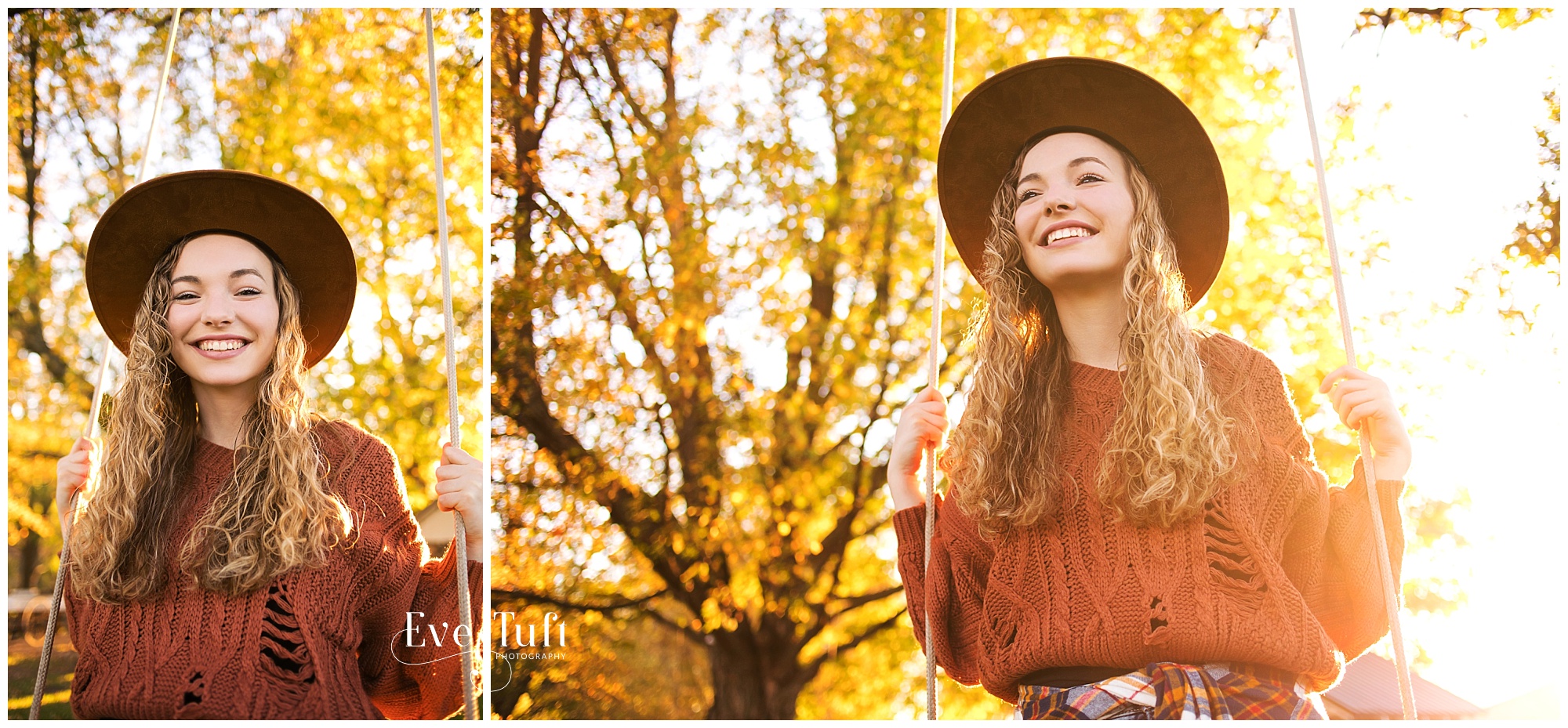 A beautiful teenager swings outside in the fall under a tree | Senior Photographer in Michigan in Midland