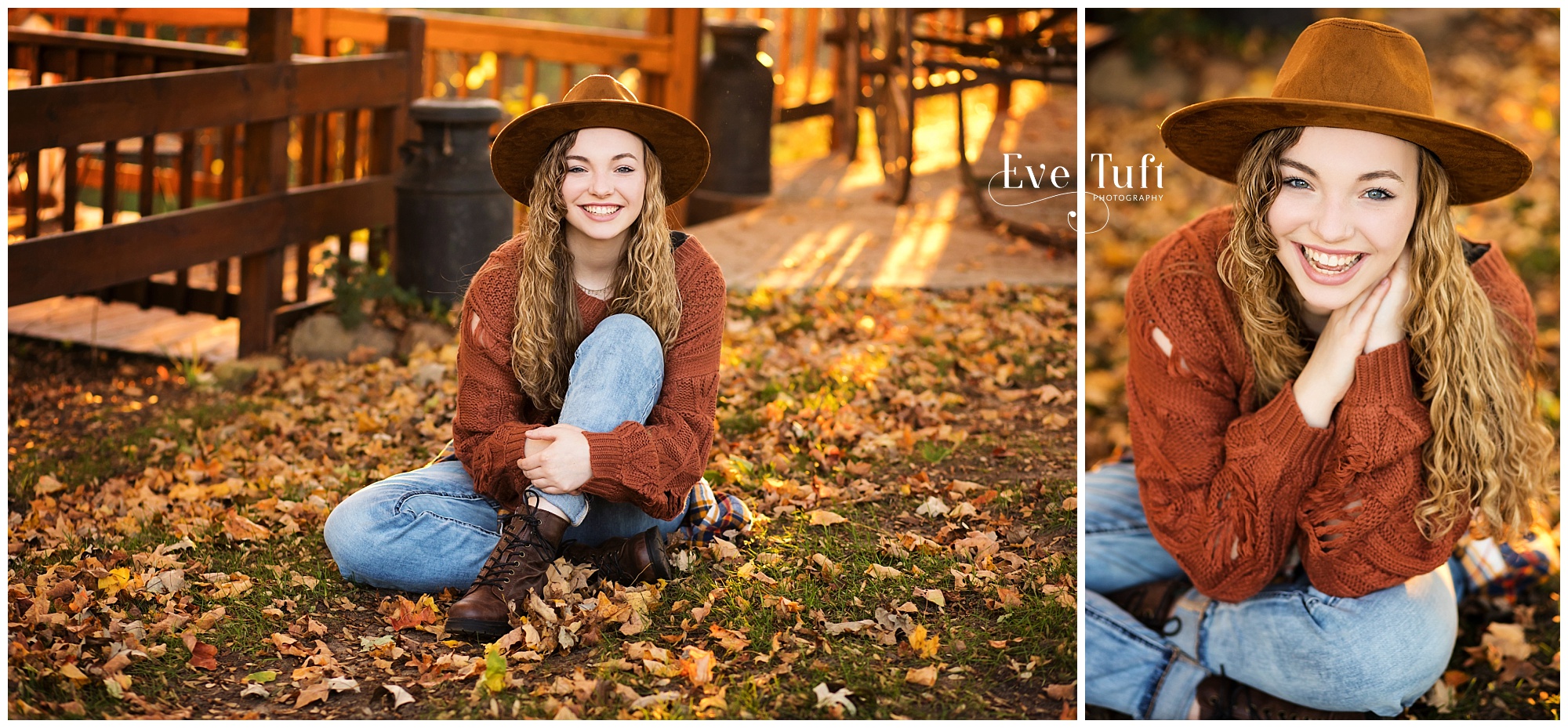 A teenager sits in the leaves outside in the fall for her senior session | Crooked River Weddings Session in Michigan