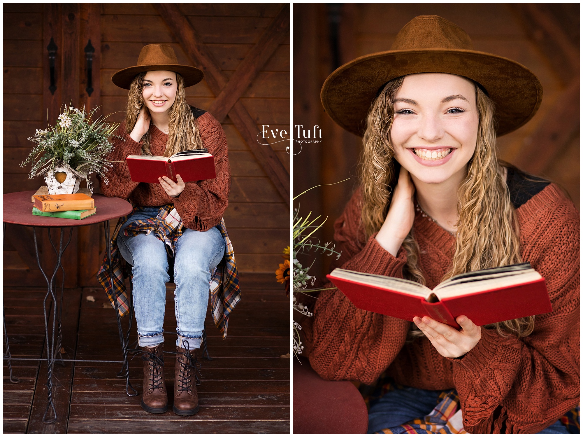 A beautiful teen reads a book by a barn outside in the fall | Senior Sessions with Eve Tuft Photography, a Photographer in Midland, MI
