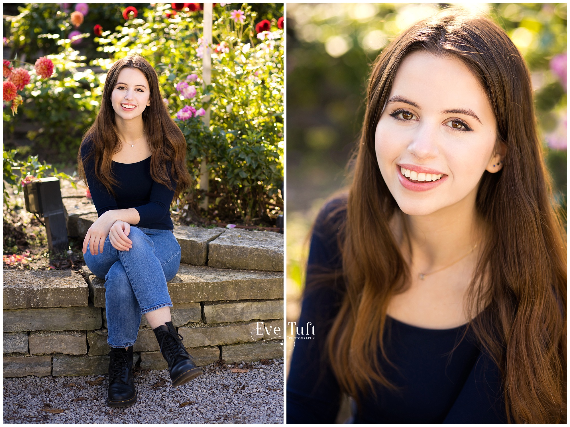 A teenager sits on a rock wall at Dahlia Hill | Midland, MI Senior Photographers