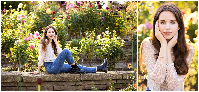A teen sits on a rock wall outside at Dahlia Hill in Michigan | Senior Photographers in Midland, MI