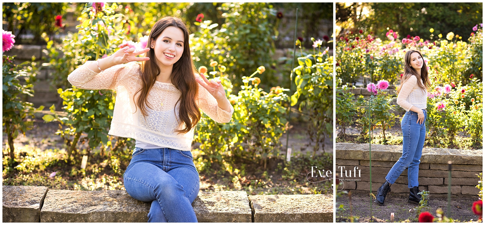 A beautiful teenager sits outside in a flower garden at Dahlia Hill | Senior Photographers in Midland, MI