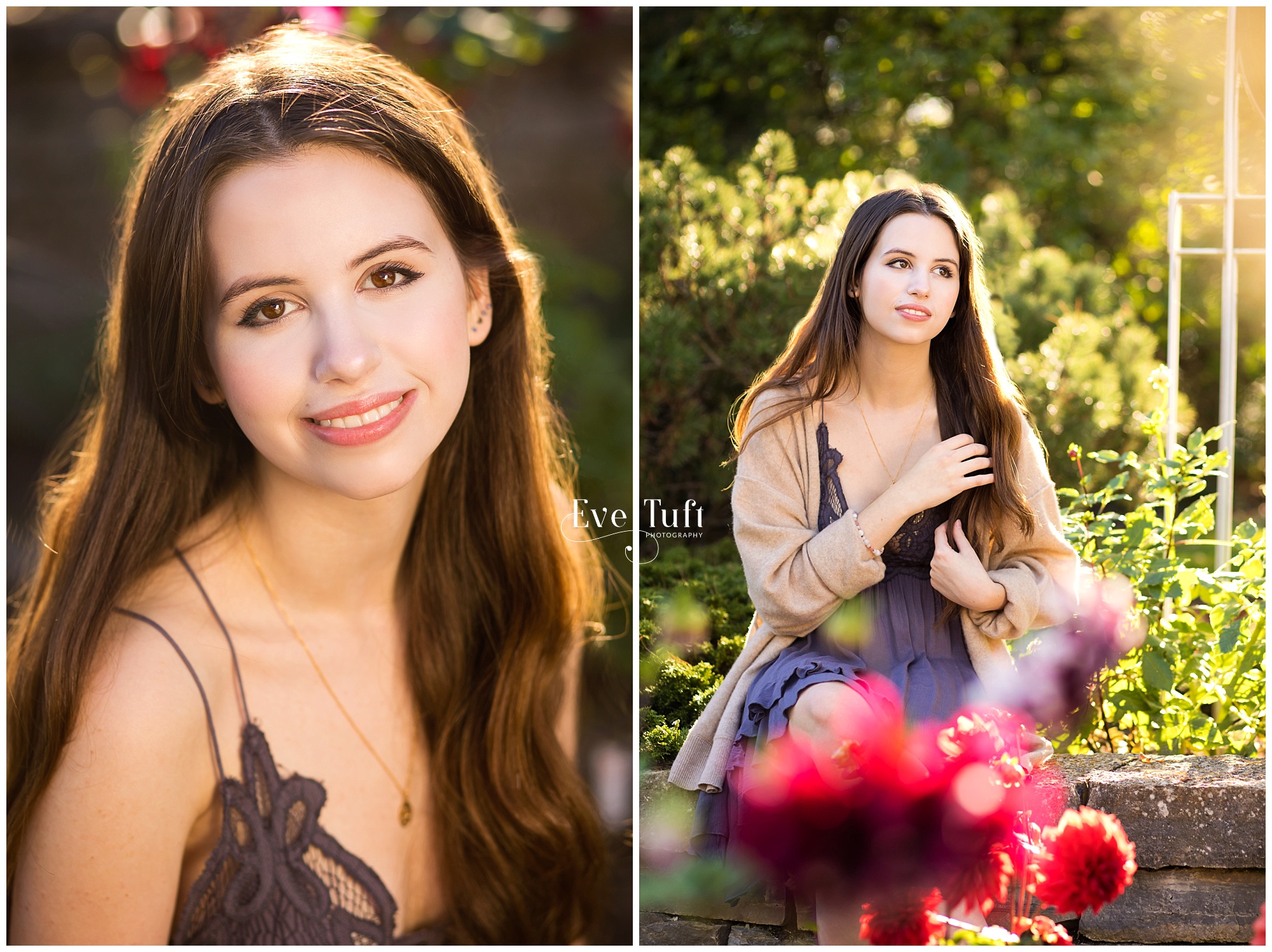 A beautiful teen sits in a garden at Dahlia Hill outside near flowers | Midland, Michigan Senior Portraits
