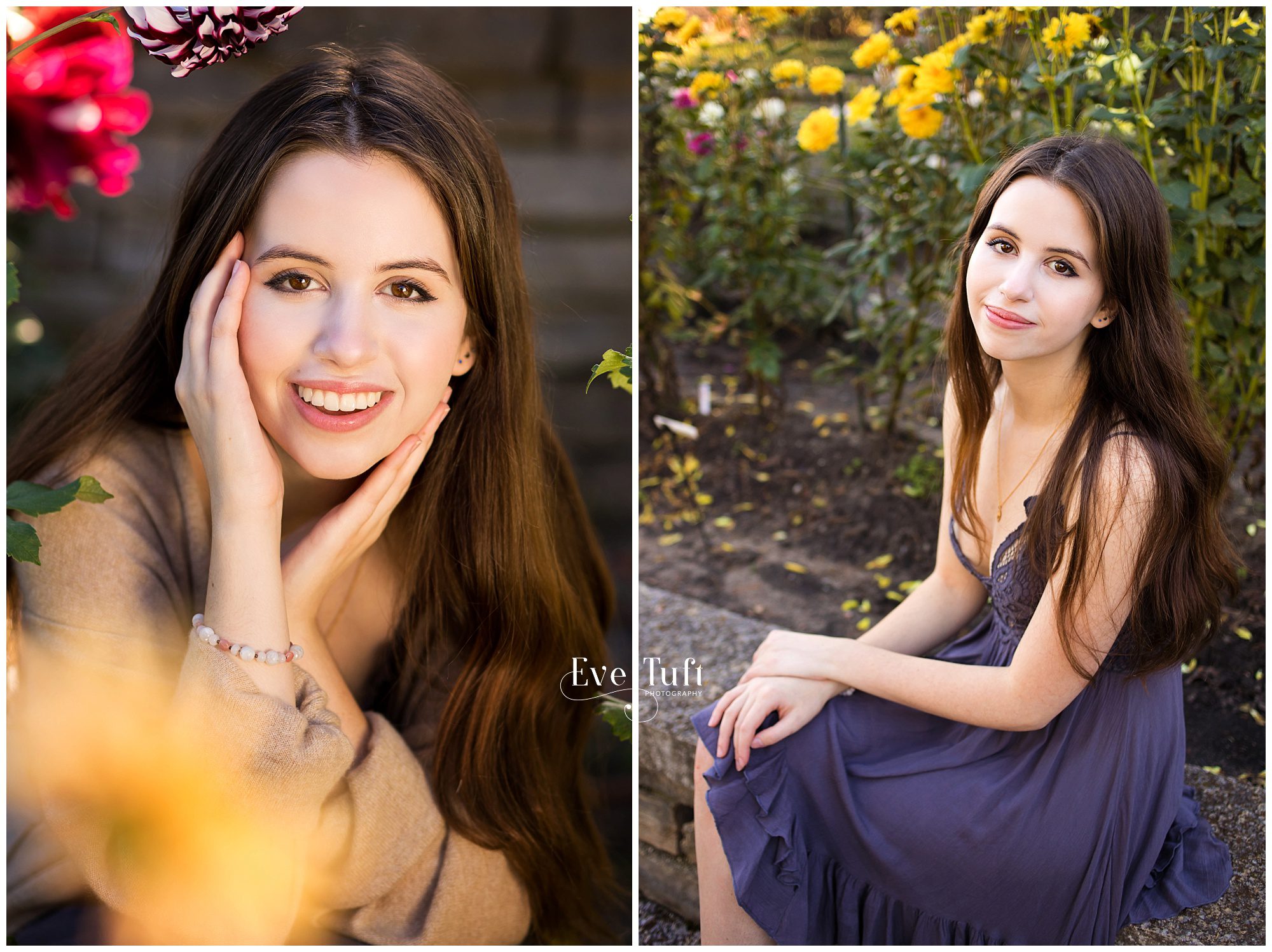 A senior smiles outside near dahlia flowers in a garden | Senior Photographers in Midland, Michigan