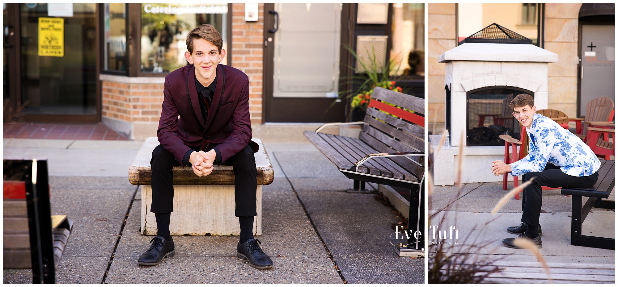 Two brothers sit on a bench outside for their session | Downtown Midland Michigan Senior Photographer