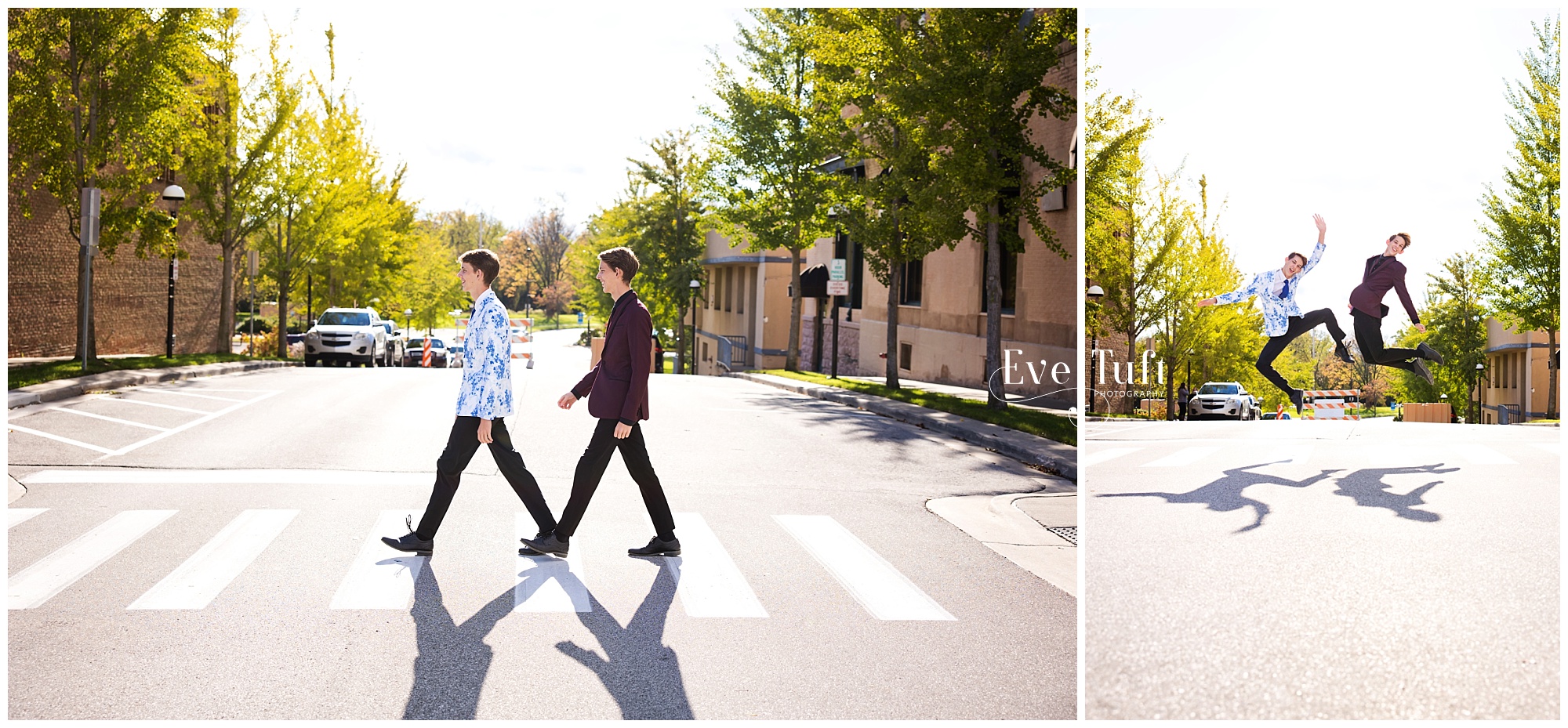 Two twin boys jump in the air on a crosswalk outside in Downtown, MI | Senior Photographer in Midland
