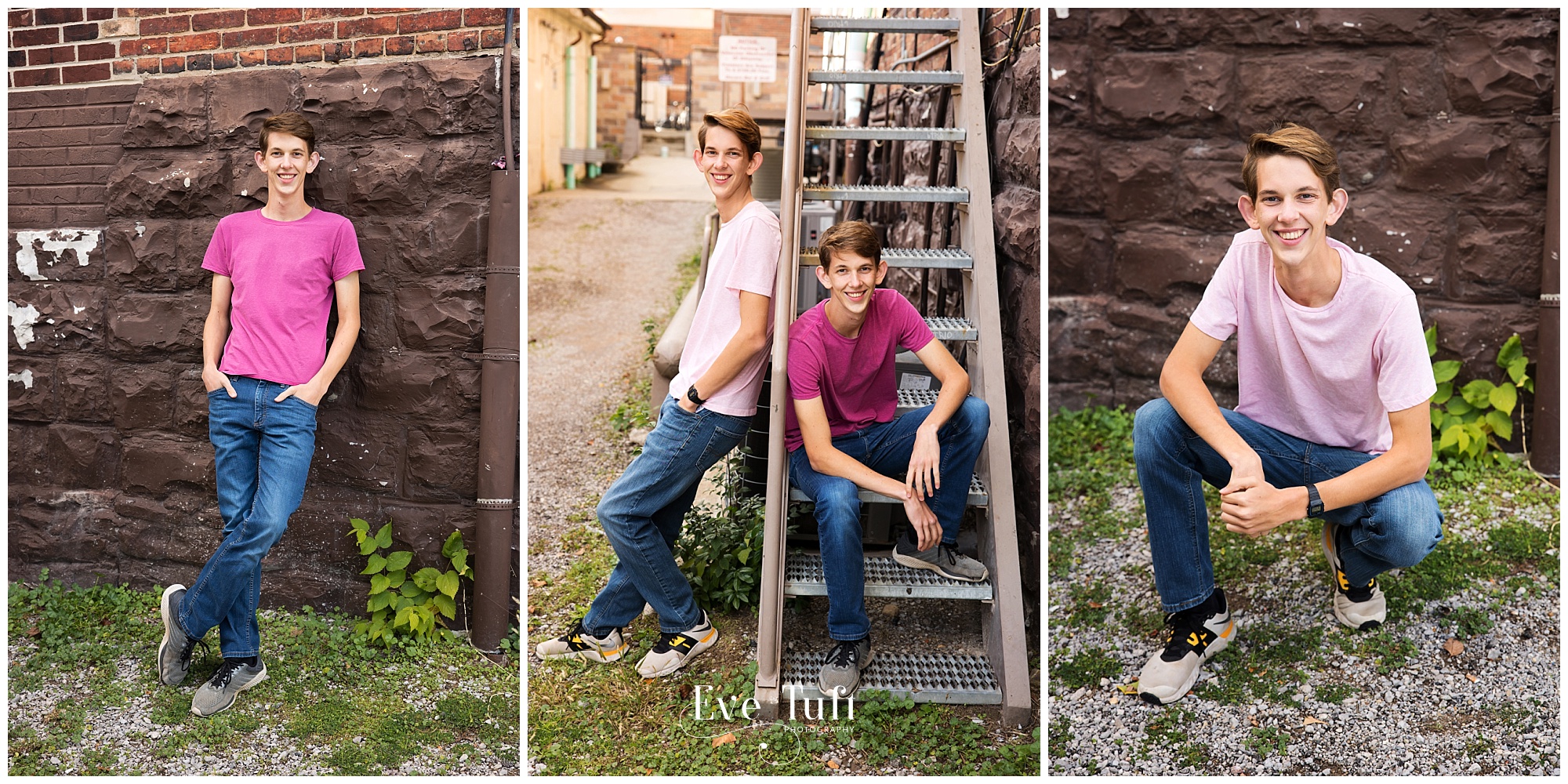 Twins sit outside in an alleyway downtown for their senior photoshoot | High School Photographer in Midland, MI