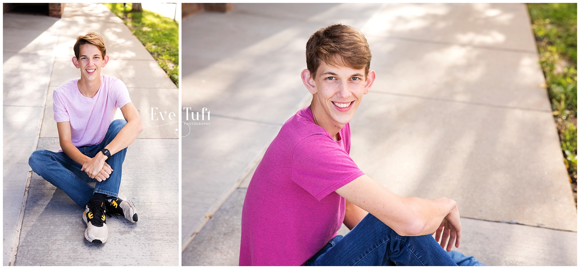 Two brothers sit on the sidewalk in an urban area for their photo shoot | Senior Photographers in Midland, MI