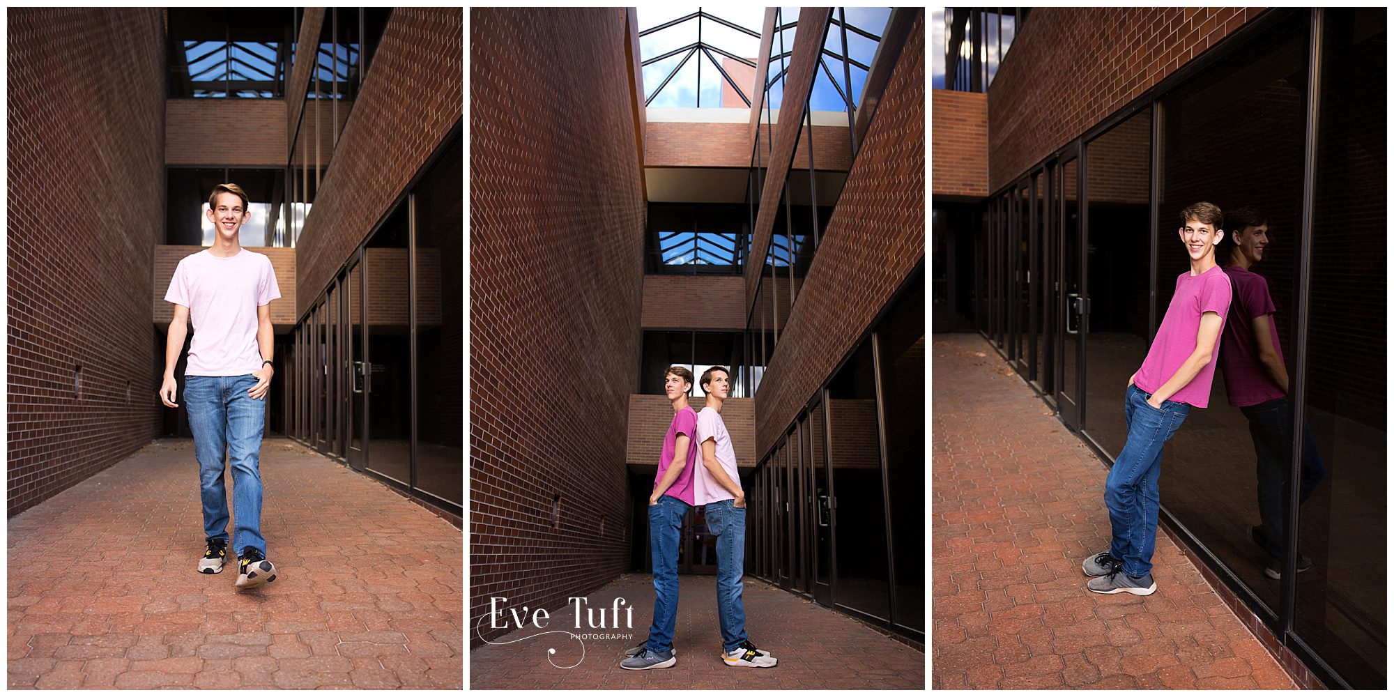 Two twins lean against each other in an alleyway for their session | Midland, Michigan Senior Portrait Photographer
