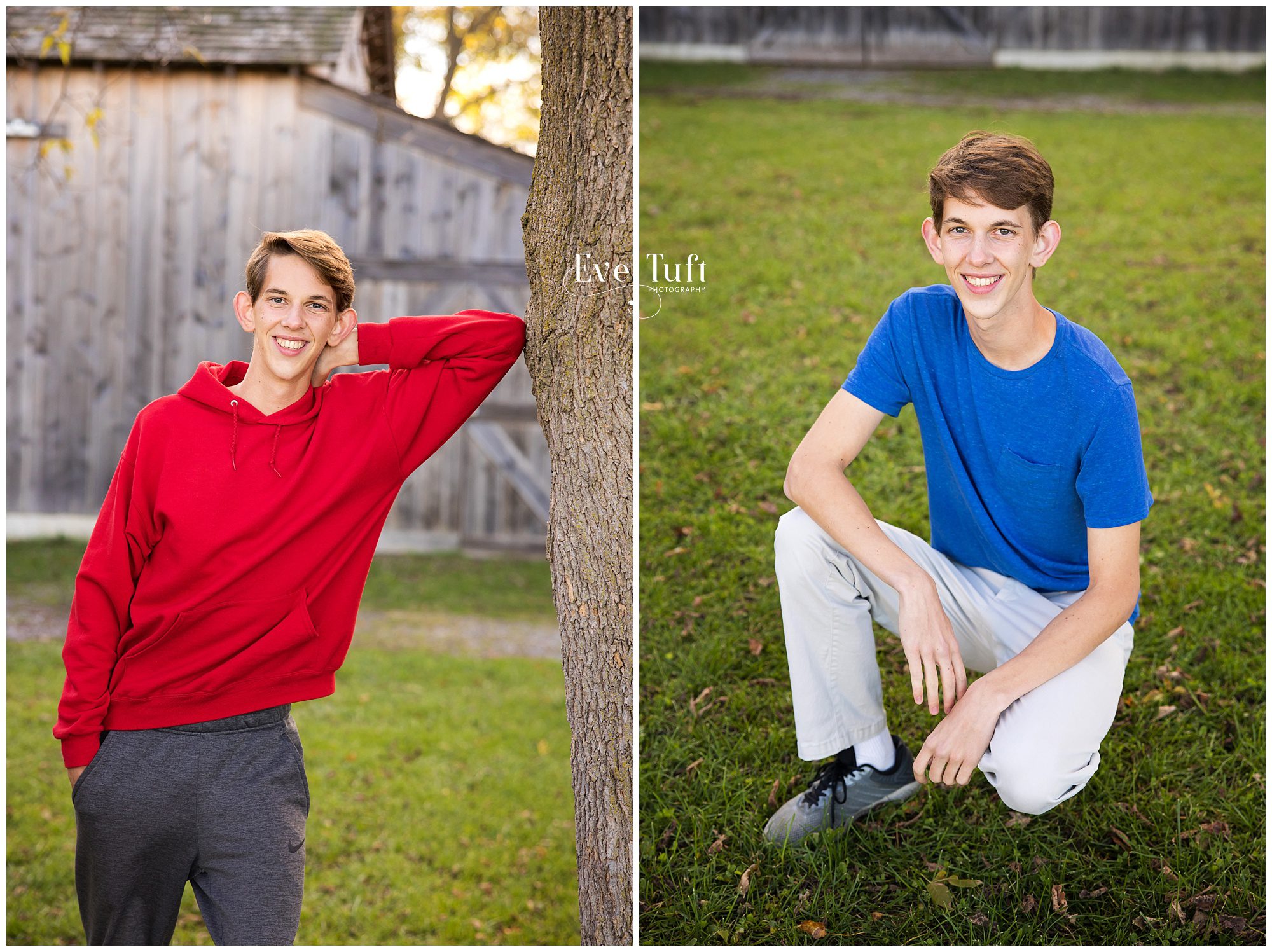 Two brothers lean against a tree outside for their session | Midland, Michigan Senior Photographer