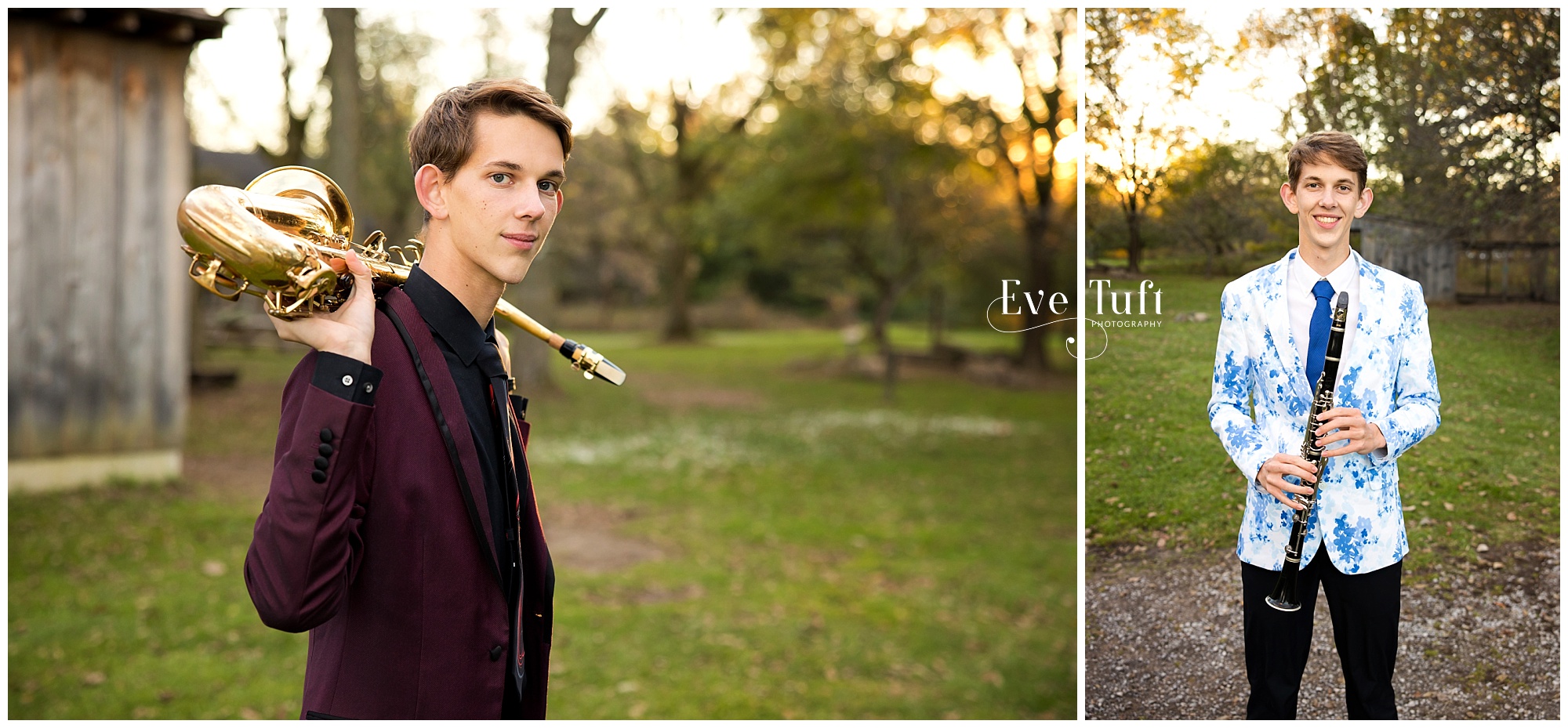 Two guys hold their instruments outside for their senior session | Midland High School Photographer