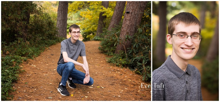 A senior boy squats down in Dow Gardens outside for his session | Midland, MI Senior Photography