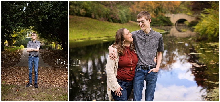 A senior guy hugs his mom outside at Dow Gardens | Senior Photographers in Midland, MI