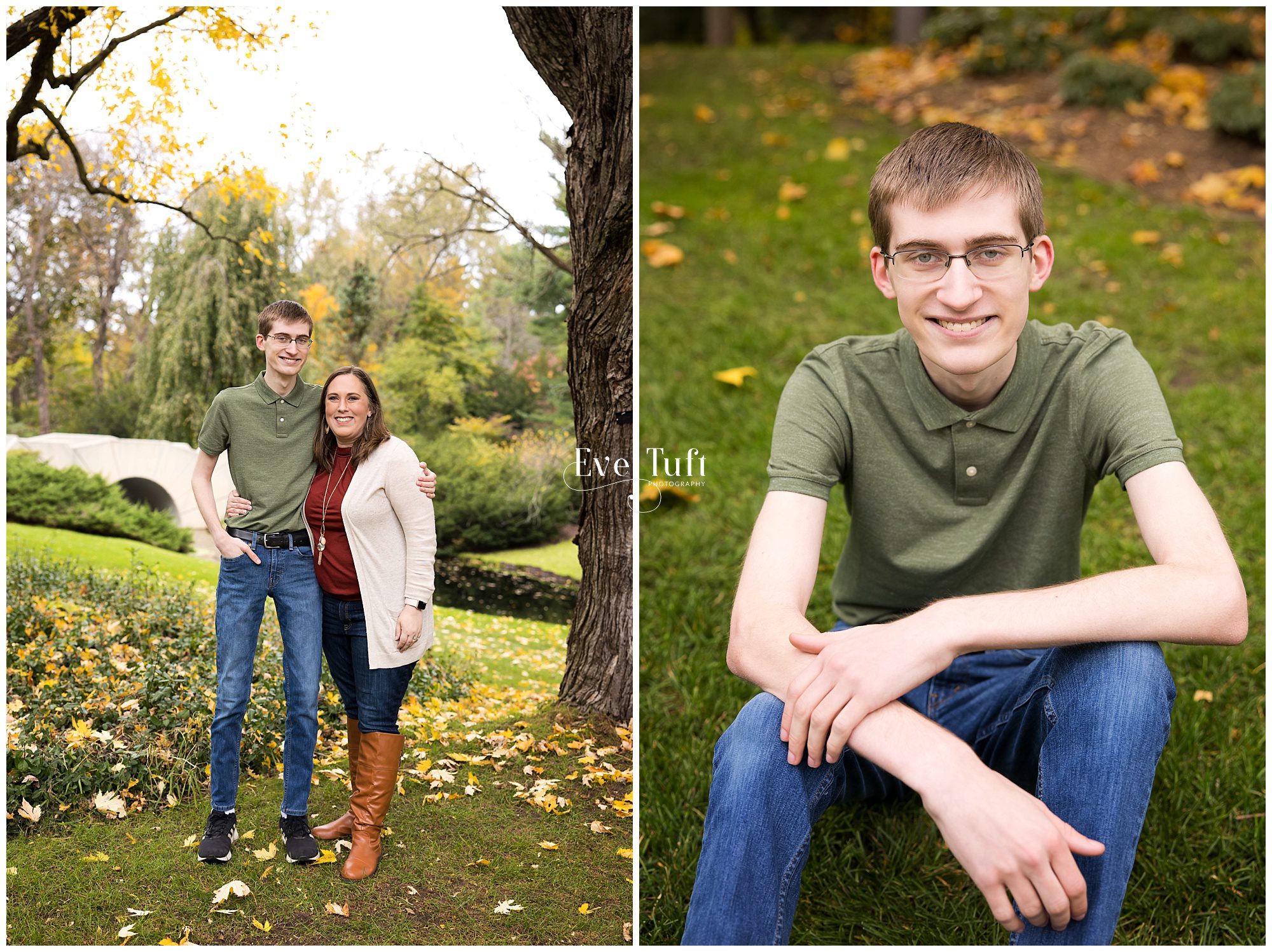A teenager stands next to his mom outside in a garden | Midland, Michigan Photographer