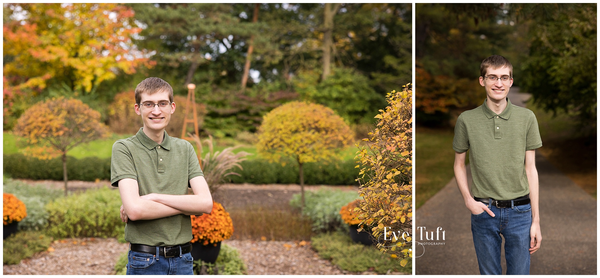 A teenage boy stands in a garden in the fall outside for a portrait session | Eve Tuft Photography