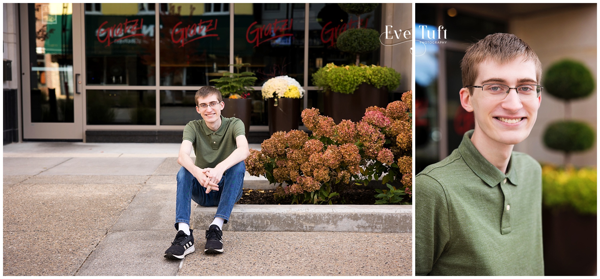 A teenager sits on a curb outside in Downtown Midland | Senior Photographer in Michigan 