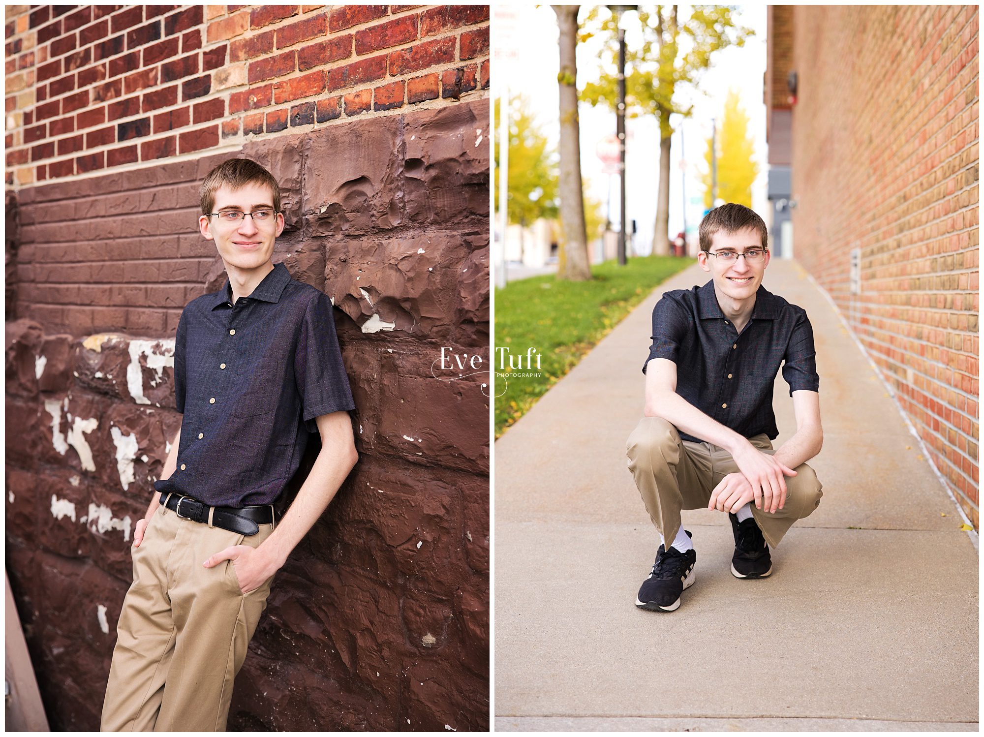 A guy leans against a brick wall outside in Downtown Midland | Senior Pictures and Portrait Photographer