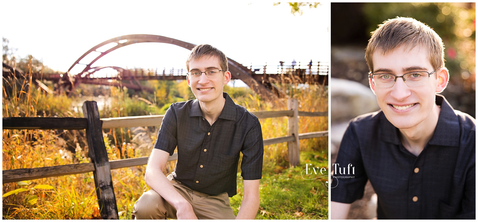 A guy squats in front of the Tridge in Midland for his senior pictures | Portrait Photographer