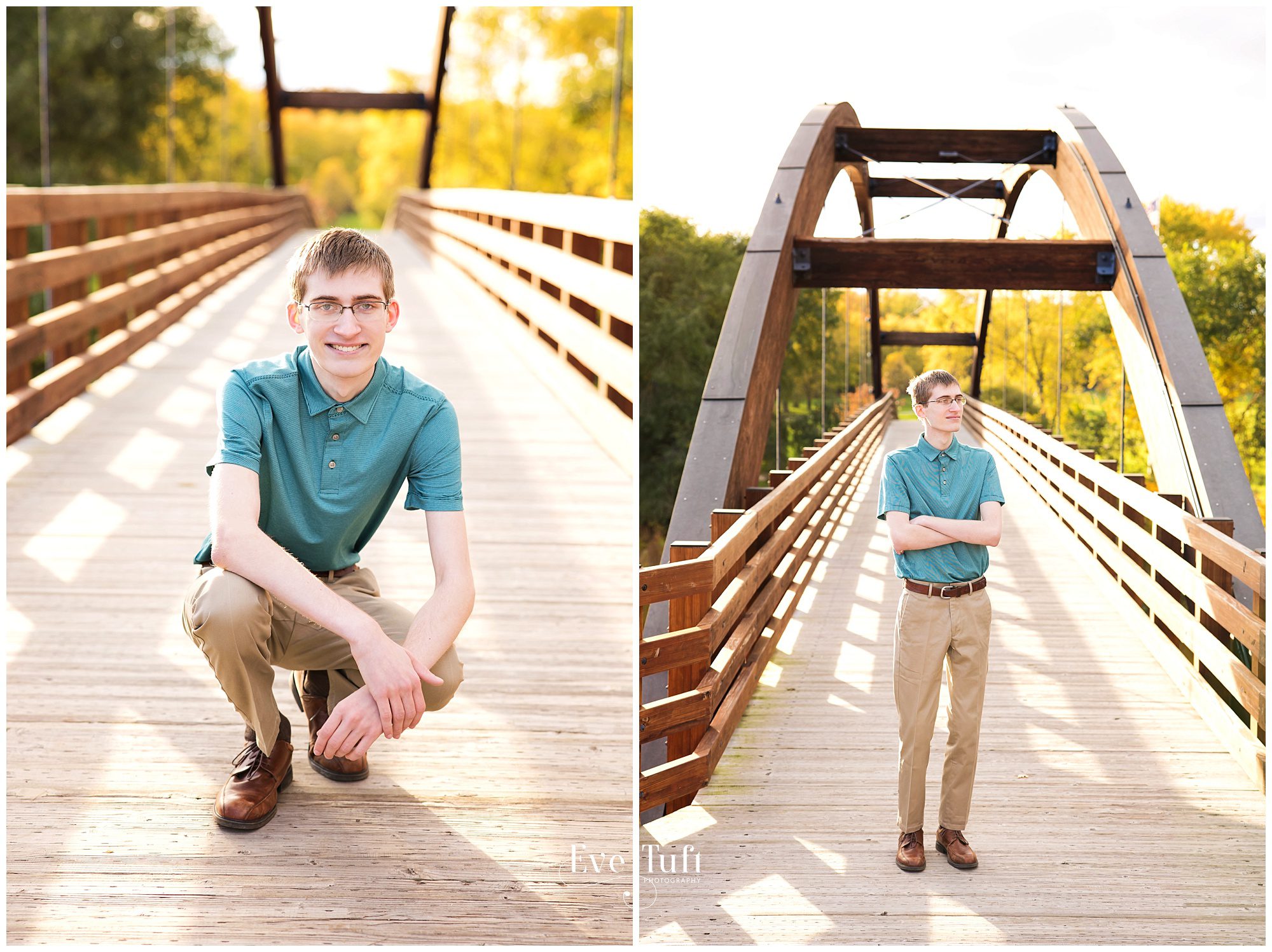 A teen squats on the Tridge in Midland, MI | Senior Portrait Photographer