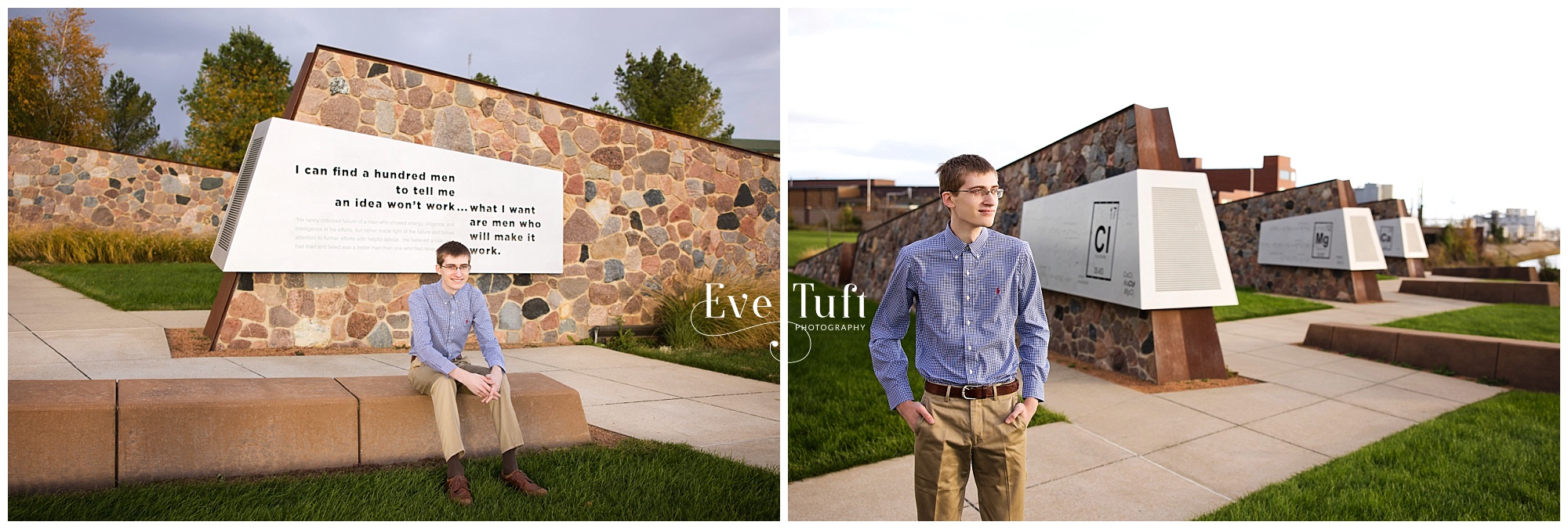 A senior sits on a wall outside at the Founder's Garden | Midland, Michigan Senior Photographers