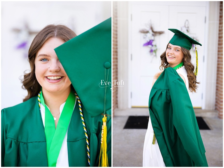 A teen in her cap and gown poses outside for her session | Graduation photographer in Midland, Michigan