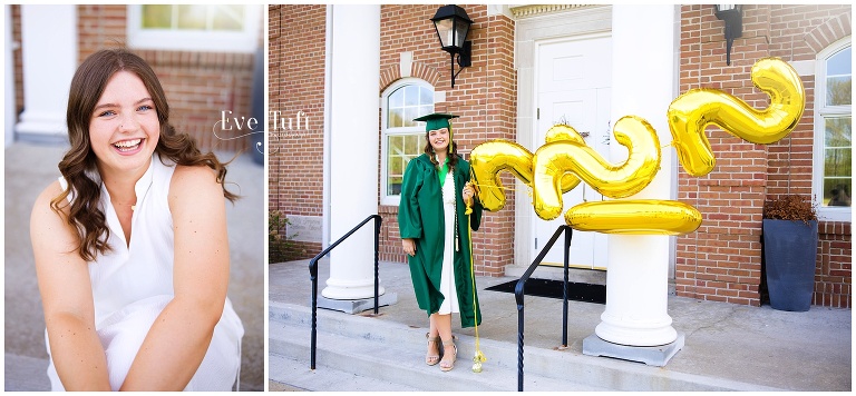 A beautiful teen sits on stairs outside for her cap and gown session | Midland, MI Senior Photographer