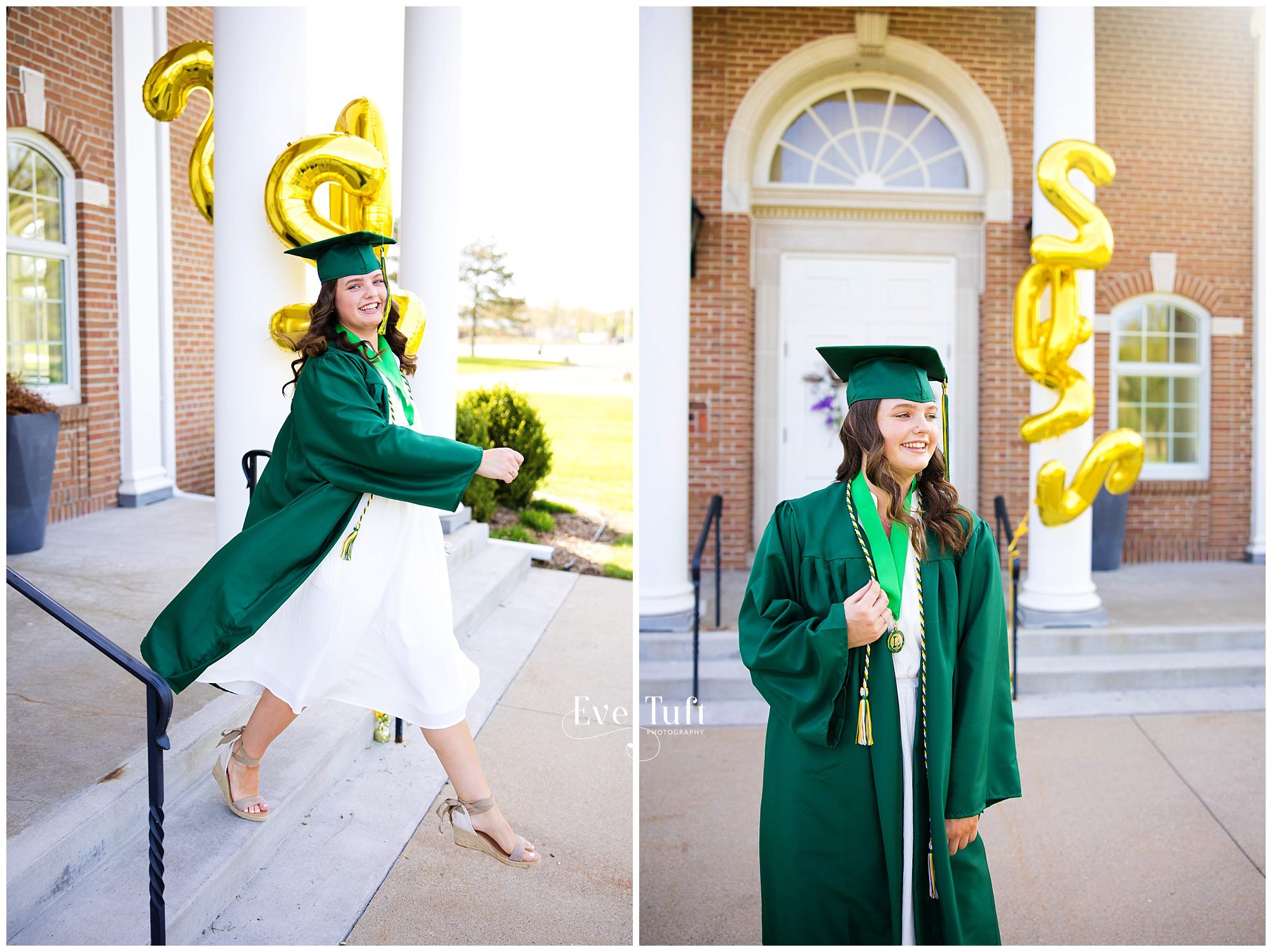 A teen walks down the stairs for her session outside | Cap and Gown Photographer in Michigan