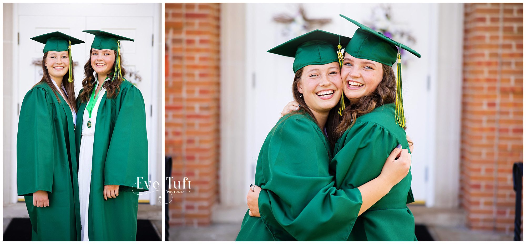 Two senior girls embrace outside in their caps and gowns for graduation | Senior Photographers in Michigan