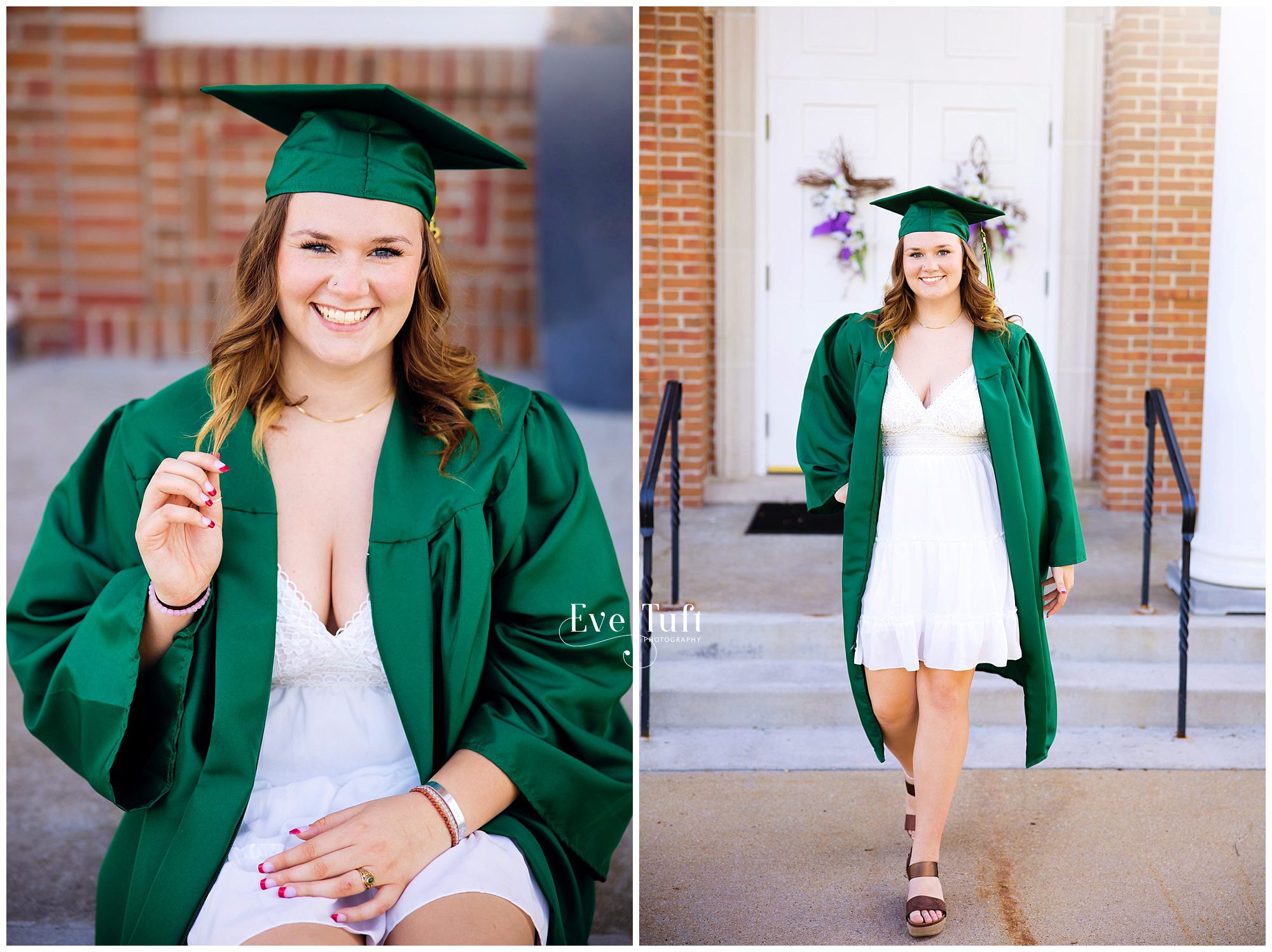 A grad sits on the stairs for her cap and gown session near Dow High School | Senior Photographers in Michigan