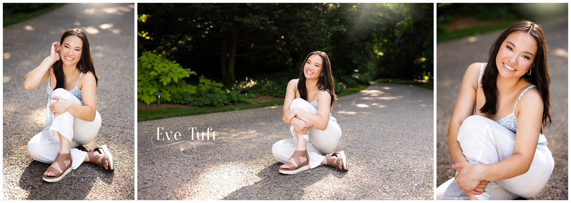 A beautiful teen sits outside on a pathway in Dow Gardens for her session | Midland, MI Photographer