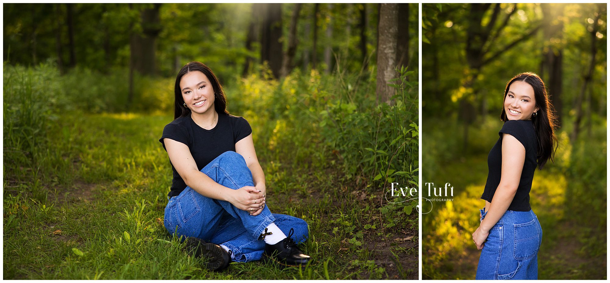 A beautiful teen sits in the grass in the forest at the nature center | Senior Photographer in Michigan