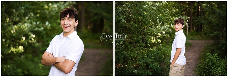 A senior guy stands outside in the forest for his session | Senior Pictures in Michigan
