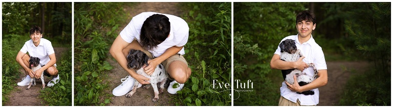 A teenage boy, Jaime, holds his dog outside | Senior Portraits in Michigan