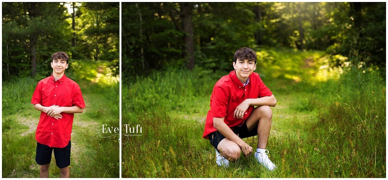 A teenage guy kneels outside in the forest for his pictures | Senior Photographers in Midland, MI