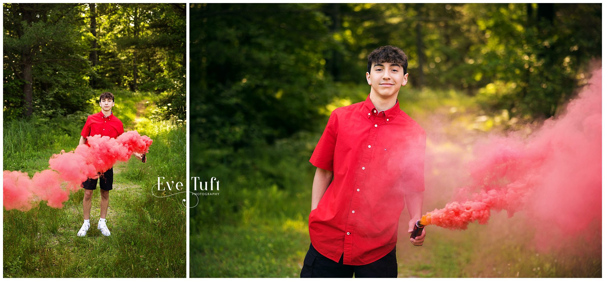 A guy holds a smoke bomb for his senior pictures outside | Midland, Michigan Photographer
