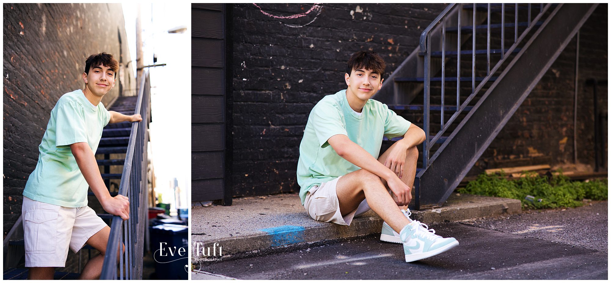 Downtown Bay City, Michigan senior session with Jaime on the stairs in an alleyway