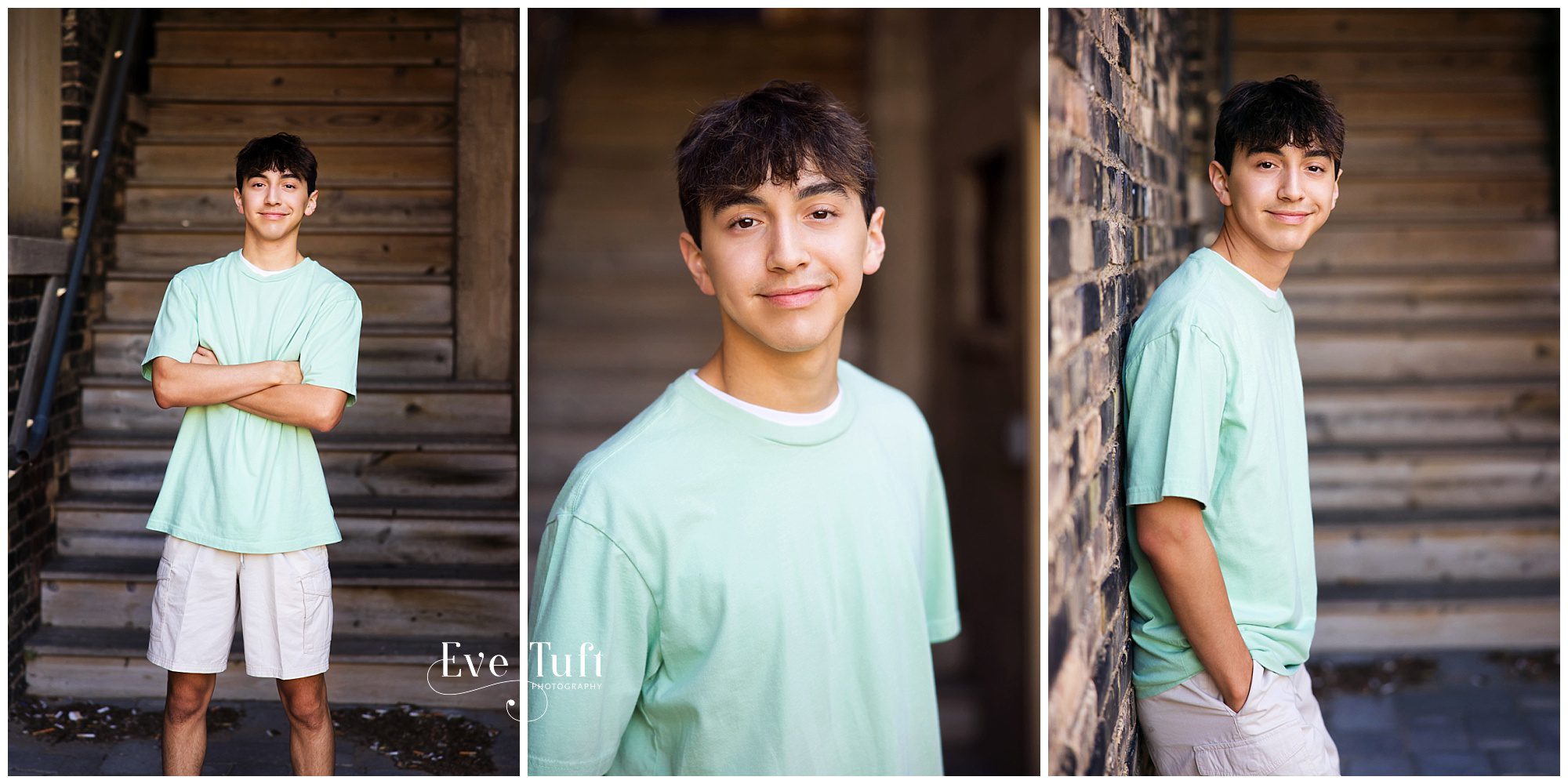 A senior guy leans against a wall outside in an alley | Downtown Bay City Michigan Photographer
