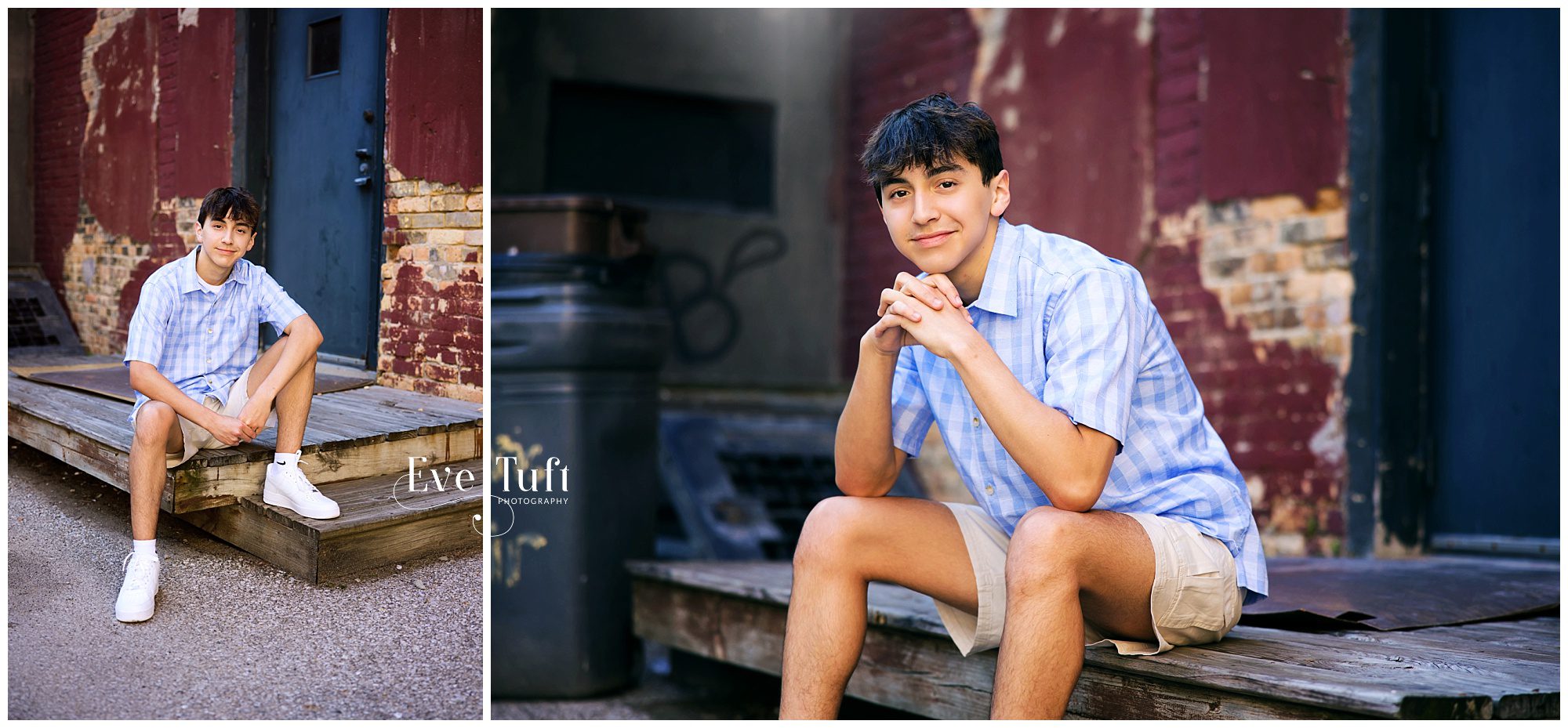 A teenager sits on some wooden stairs outside | Senior Photographers in Bay City, Michigan