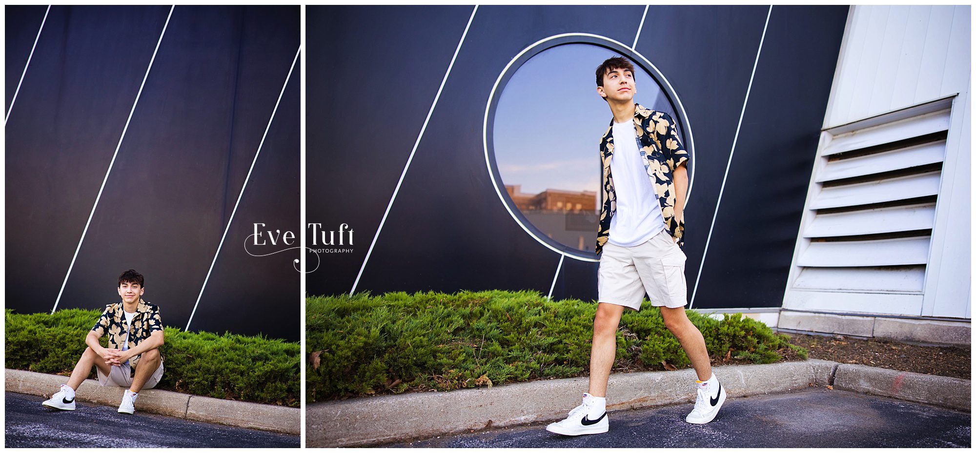 A teen walks past a black striped building in Downtown Bay City, Michigan | Senior Pictures with Eve Tuft