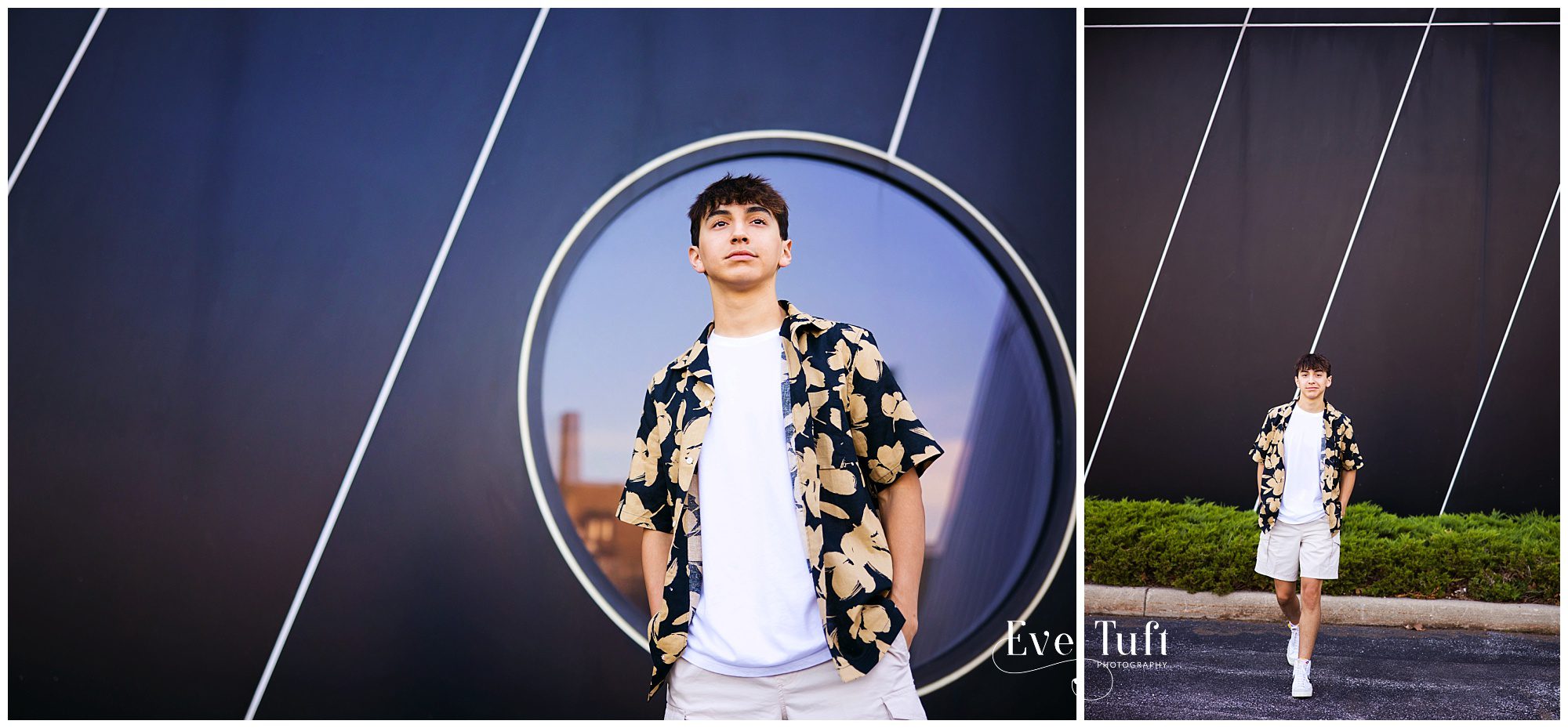 Jaime stands outside in front of a large window in Bay City | Michigan Senior Photographer