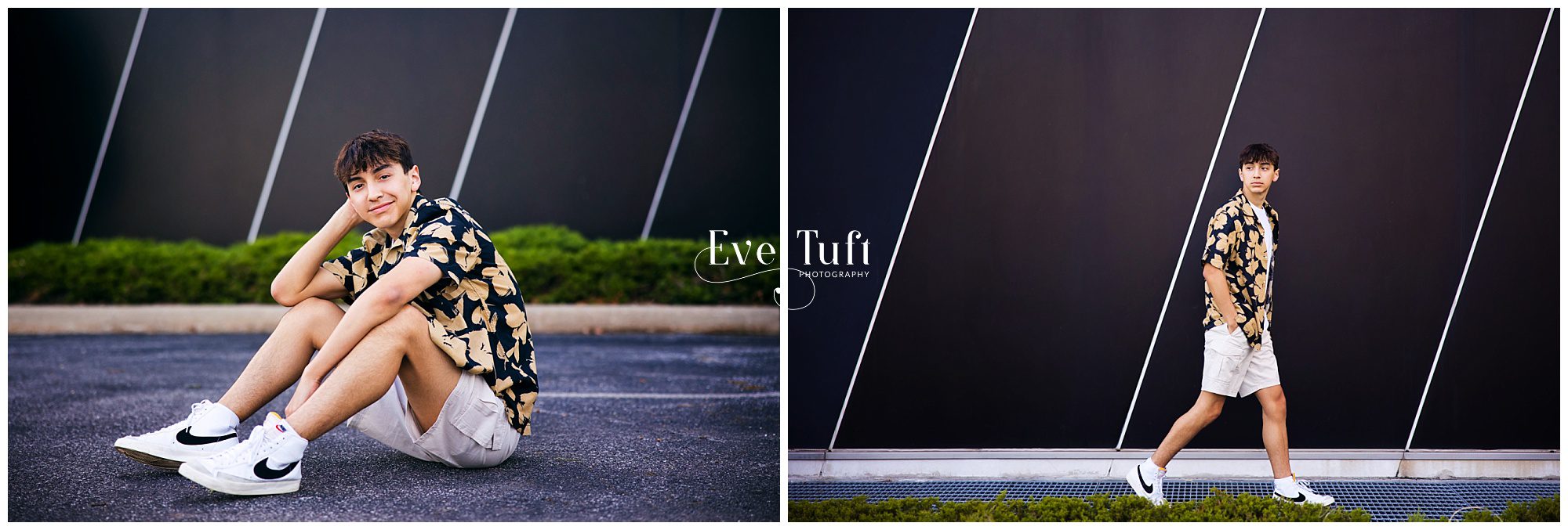 A guy sits in the parking lot outside | Senior Sessions with Eve Tuft Photography