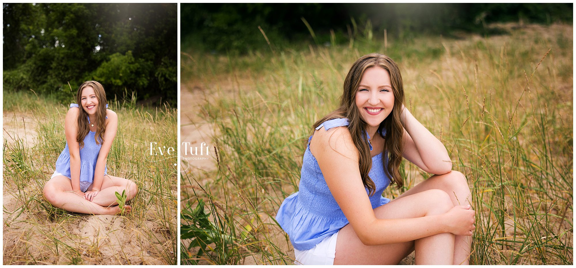 A beautiful teen sits in the tall grasses on the beach | Bay City State Park Senior Session in MI