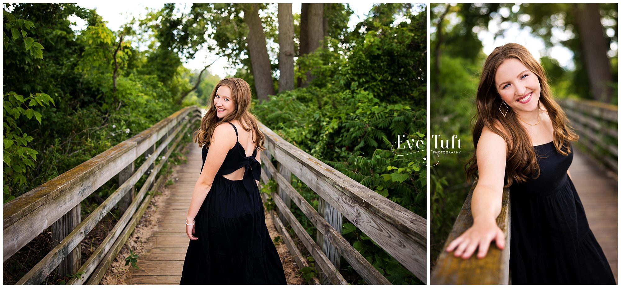 A senior walks along the boardwalk at the beach for her session with Eve Tuft Photography | Photographers in Midland, MI