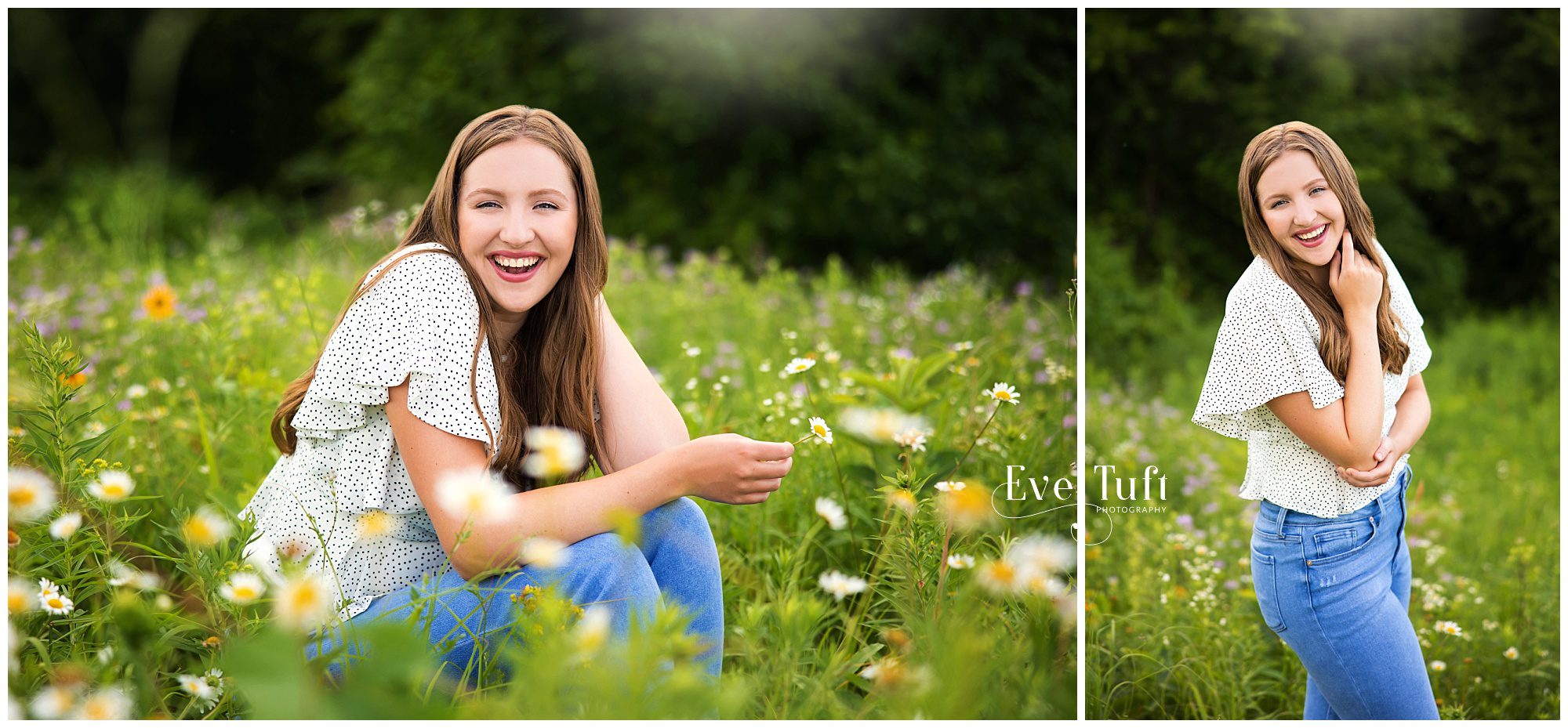 A teenager sits in a field of flowers outside at the Chippewa Nature Center | Midland, Michigan Senior Photographers