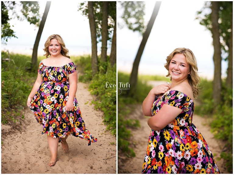 Natalie walks in a floral dress along the beach in Bay City | Senior Photographers in Michigan