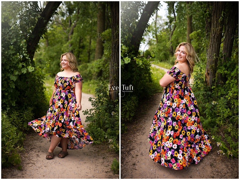 A beautiful teen twirls in her dress at the beach | Bay City Senior Photographers in Michigan