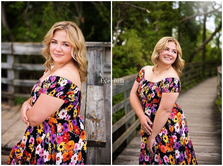 A beautiful teen walks on the boardwalk outside at the beach | Bay City, MI Senior Photographers