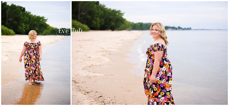 A lovely girl walks on the beach at Lak Huron | Michigan Senior Photographer