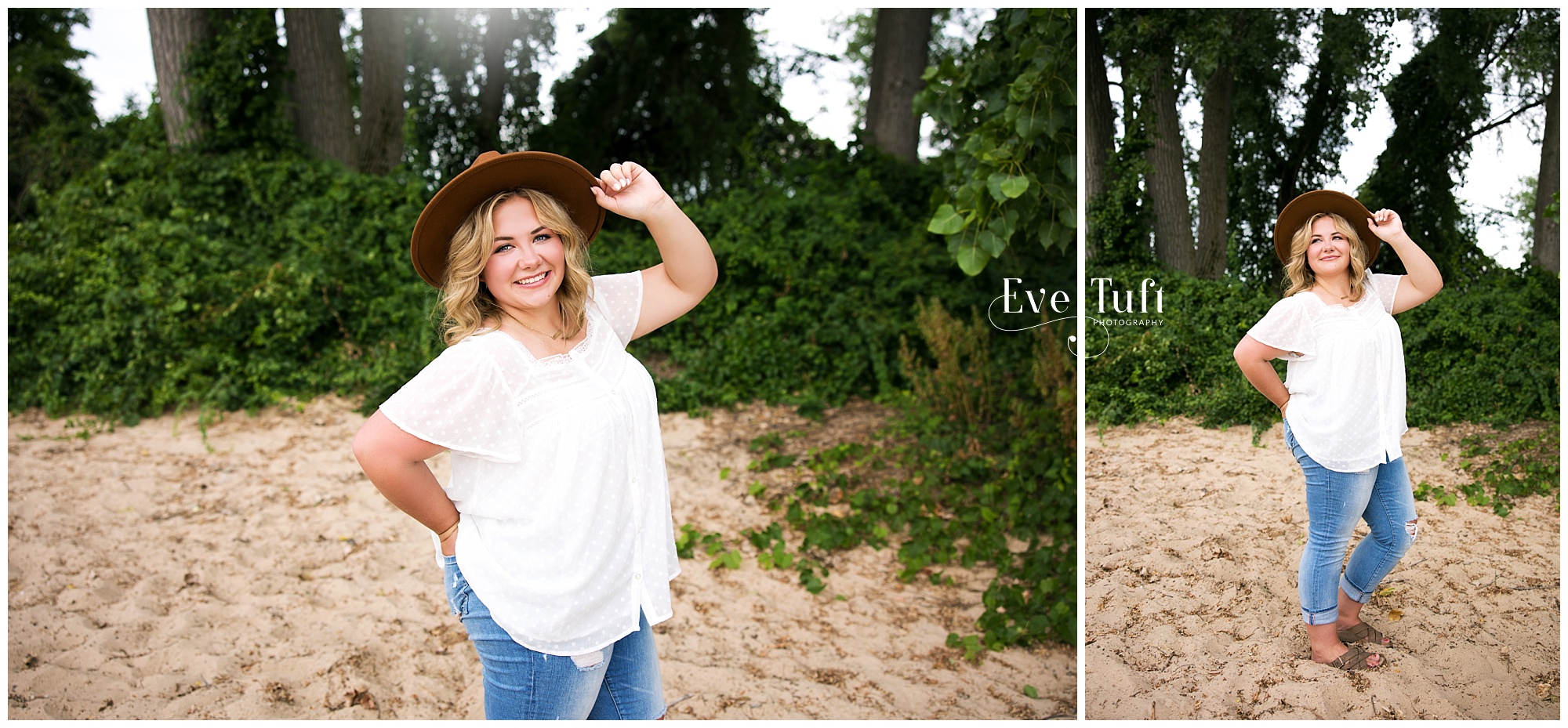 A beautiful teen stands on the beach in the sand with her hat on | Michigan Senior Photographer